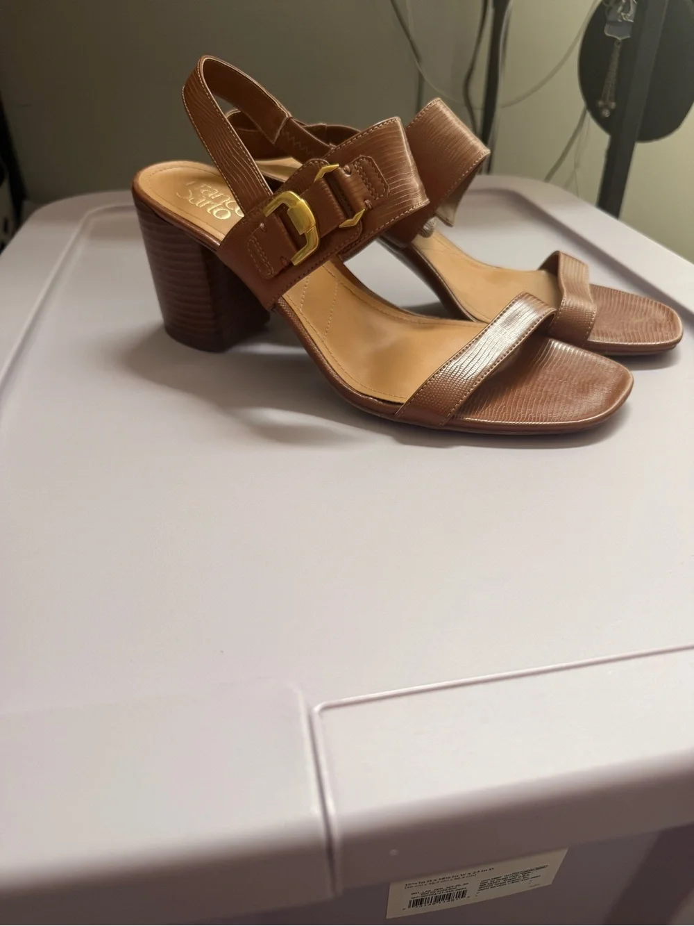 Franco Sarto Brown Textured Leather Block Heel Sandals